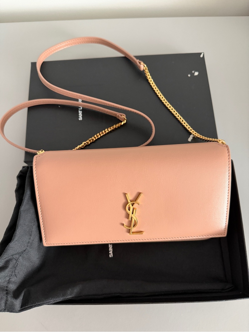 Saint Laurent YSL Cassandre Phone Holder Crossbody Dark Beige Leather Gold Chain - Picture 2 of 9